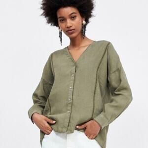 ZARA Women's Linen V-Neck Buttoned Casual Top Olive Green Size Small
